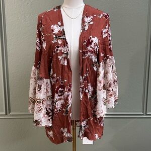Very J Floral Print Kimono in Rust and Cream